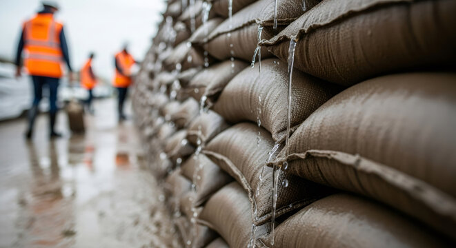 Stack of wet sandbags with water dripping, building a temporary flood barrier. Disaster prevention and emergency flood control concept.