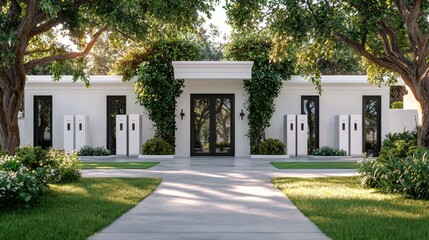 Modern Architectural Home with Lush Greenery and Elegant Pathway Surrounded by Trees and Natural Light