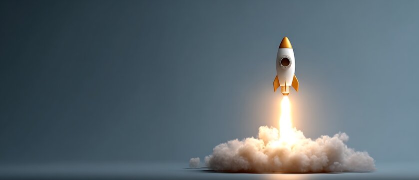 Startup concept rocket blasting from bright lightbulb  
