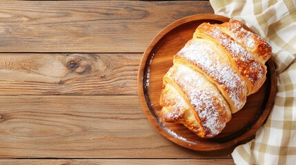 Freshly Baked Croissant with Sugar Dusting on Rustic Wooden Table and Checkered Cloth