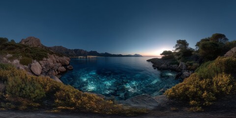 Serene ocean sunset coastal cove hdr panorama idyllic environment dreamy view