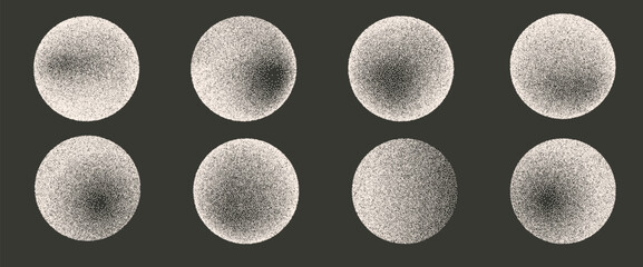 Cream beige noise gradient circle element set. Speckle dotwork radial gradation round geometric forms collection. Vector salt or baking flour text boxes shapes of dots grain texture. Chalk spray icons
