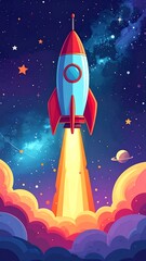 Fototapeta premium A cartoon rocket blasts off into the vast expanse of space, leaving a trail of fire amidst colorful clouds and starry background