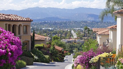 Scenic View of Residential Neighborhood with Vibrant Bougainvillea and Mountains in the Distance on a Sunny Day