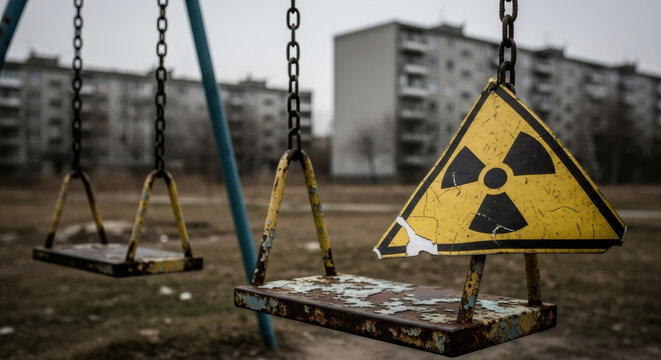 Rusty swing set with a radiation warning symbol in an abandoned playground. Danger zone concept. Post apocalyptic scene for disaster and evacuation.