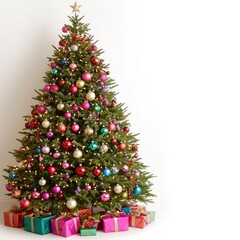 Vibrant Christmas Tree Decorated with Colorful Ornaments and Presents Ready for Holiday Celebration