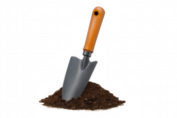 Gardening trowel digging into rich brown soil, preparing for planting, tool for spring gardening hobbies
