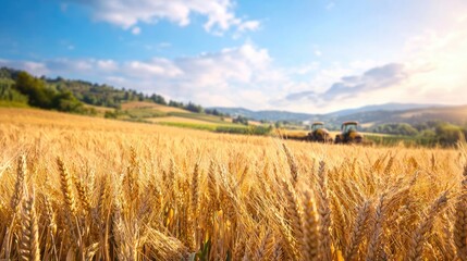 Golden Wheat Field Under Bright Sky with Tractors in the Background of Scenic Countryside Landscape