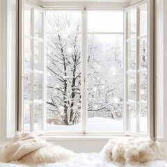 Cozy Winter Scene with Snowy Landscape View from a Bright Window in a Comfortable Room