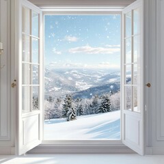 Serene Winter Landscape View from Elegant Window with Snow-Covered Mountains and Blue Sky