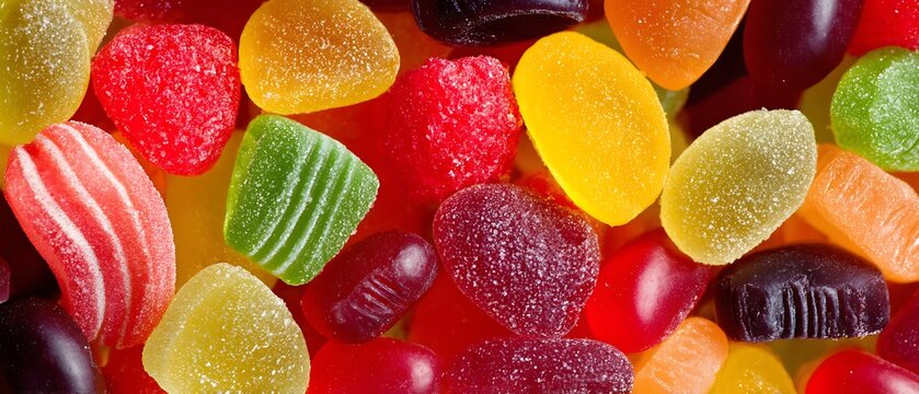 Lively gummy candies assortment in textured close up  
