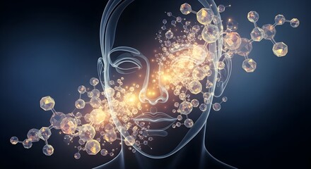Illustration of facial anatomy with molecular structures, symbolizing botulinum toxin's effects.