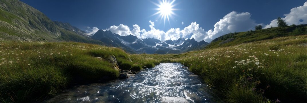 Majestic mountain stream alpine valley hdr panoramic landscape sunny day