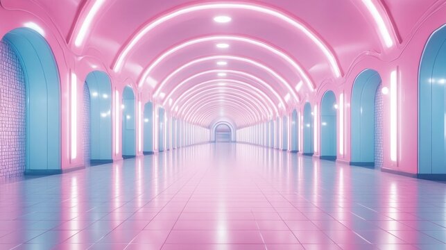 mesmerizing futuristic neon tunnel with glowing pink and blue lights, creating an ethereal, dreamlike perspective. Ideal for tech blogs, abstract art, or virtual reality themes.