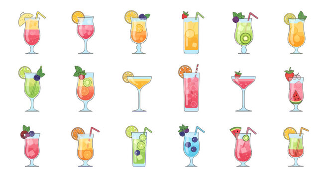 Vector illustration set of colorful summer fruit drinks and mocktails in different glasses with fruit garnish.