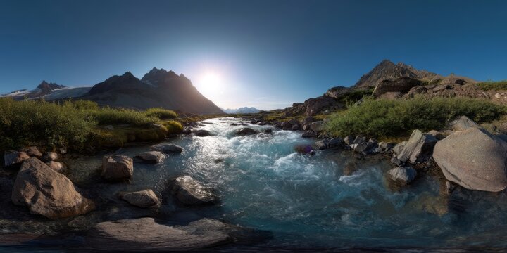 Scenic hdr panoramic view of mountain stream nature landscape high-definition
