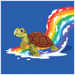 Happy turtle stands proudly near a colorful rainbow with joy and delight.