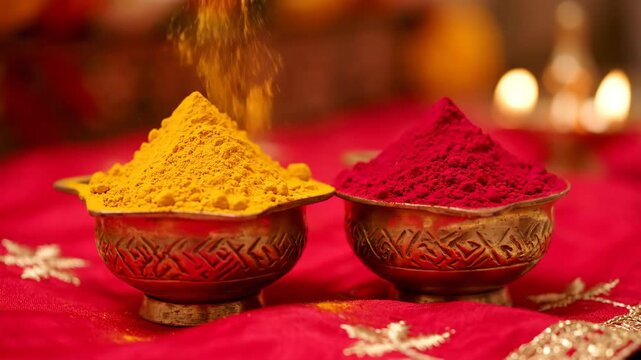 Sacred haldi and kumkum powders for auspicious vasant panchami goddess saraswati puja basant panchami navratri celebrations
