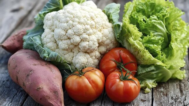 An inviting overhead shot of a fresh and healthy selection of raw vegetables, including a prominent white cauliflower, vibrant green lettuce, ripe red tomatoes, and earthy sweet potatoes, artfully arr