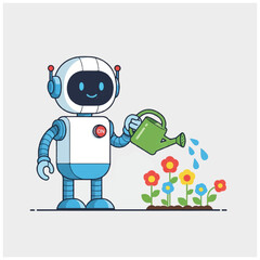 Robot Watering Flowers A Symbol of Technology and Nature.