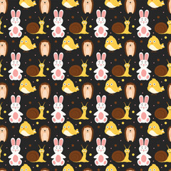 Cute snail bunny bird and hedgehog seamless pattern for kids night theme textiles and wallpapers