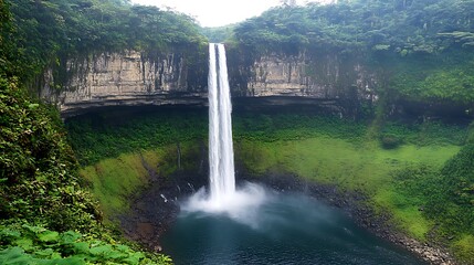The stunning tad lo waterfall in laos plunges into a deep pool surrounded by lush greenery and rocky cliffs, creating a serene and picturesque scene