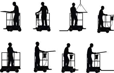 Construction workers operating mobile lift platforms, industrial maintenance safety silhouettes, elevated work platform operation vector illustration
