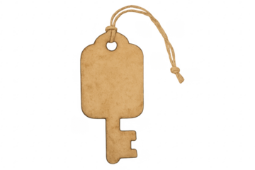 Blank key shaped gift tag with string, transparent background