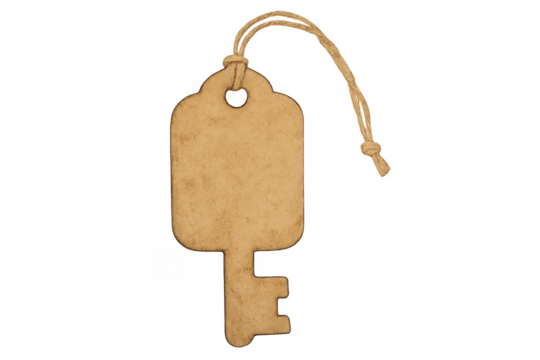 Blank key shaped gift tag with string, transparent background