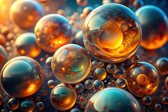 A cluster of shiny, reflective bubbles creates an abstract pattern