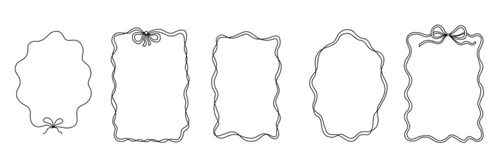 Doodle hand drawn frames with wavy lines, bows and ribbons. Minimalist simple line art. Trendy vintage whimsical borders for wedding invitations, birthday card, prints. Vector modern illustration