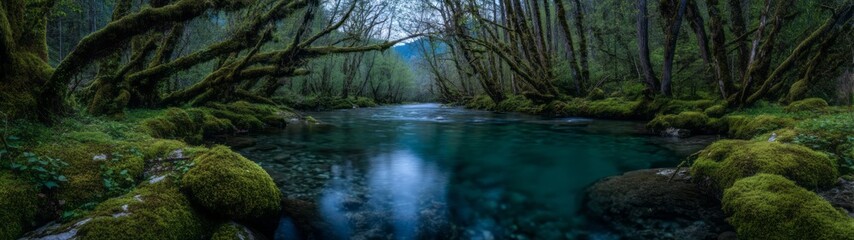 Serene river flowing through lush forest nature hdr panoramic view