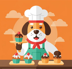 Happy dog in a chef hat and apron serving delicious cupcakes.