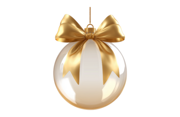A clear glass christmas bauble with a shiny golden bow and a hint of golden shimmer inside, isolated isolated on transparent background
