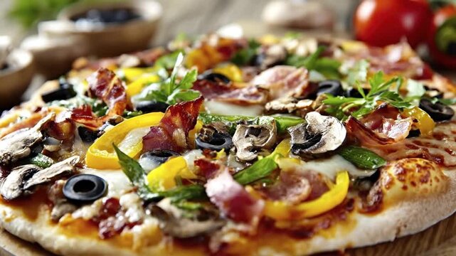 This delectable close-up footage showcases a freshly prepared, loaded pizza, brimming with a generous assortment of vibrant and savory toppings. Melted mozzarella cheese glistens over crispy bacon, ea