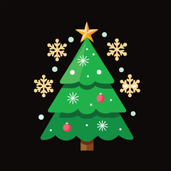 Christmas tree illustration with snowflakes on a black background