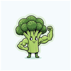 Cartoon Broccoli Character with Muscular Arms Flexing Promoting Healthy Eating.