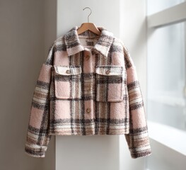 A blush pink and brown plaid cropped jacket hangs on a wooden hanger against a bright window.  It features large pockets and a button-down front