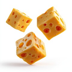 Three golden, cubic cheese pieces with numerous holes, seemingly floating against a stark white background