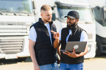 Logistics managers discussing fleet management using laptop