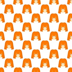 Seamless pattern with cute girl character and orange hair on white background
