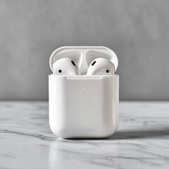 White wireless earbuds in charging case on marble