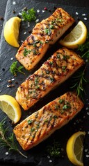 Grilled salmon fillets, lemon slices, herbs, and spices on dark slate