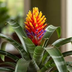 Vibrant Bromeliad Bloom - A Tropical Houseplant with Striking Colors.