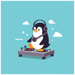 Cute Penguin DJ with Headphones and Turntables.
