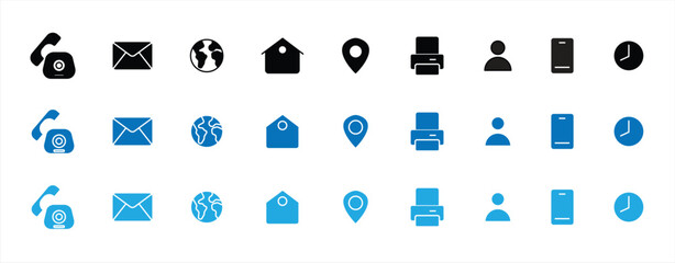 Contact icon set. Contact sign icon. Phone number symbol. Email logo. Envelope sign. Location address line icon set. Minimalist contact us icon set. Vector illustration