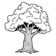 Black and white illustration of a large mature tree with a thick trunk and full canopy