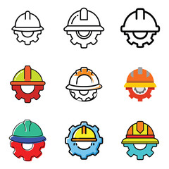 Set of industrial hard hat and gear icons in various styles and colors