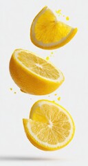 Three lemon slices, in mid-air, against a white background