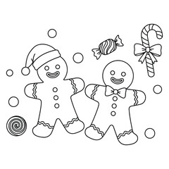 Christmas gingerbread man coloring page with candy cane and sweets
